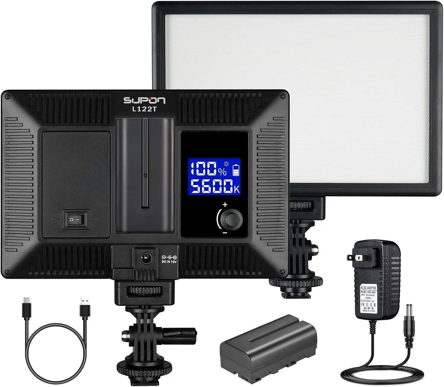 L122T Ultra-Thin LED Video Light Panel with LCD Display, Dimmable Bi-Color 3300K-5600K, CRI95  Softer Lighting for YouTube, Studio, Outdoor Shooting, Portraits, Wedding with AC Adapter & Battery