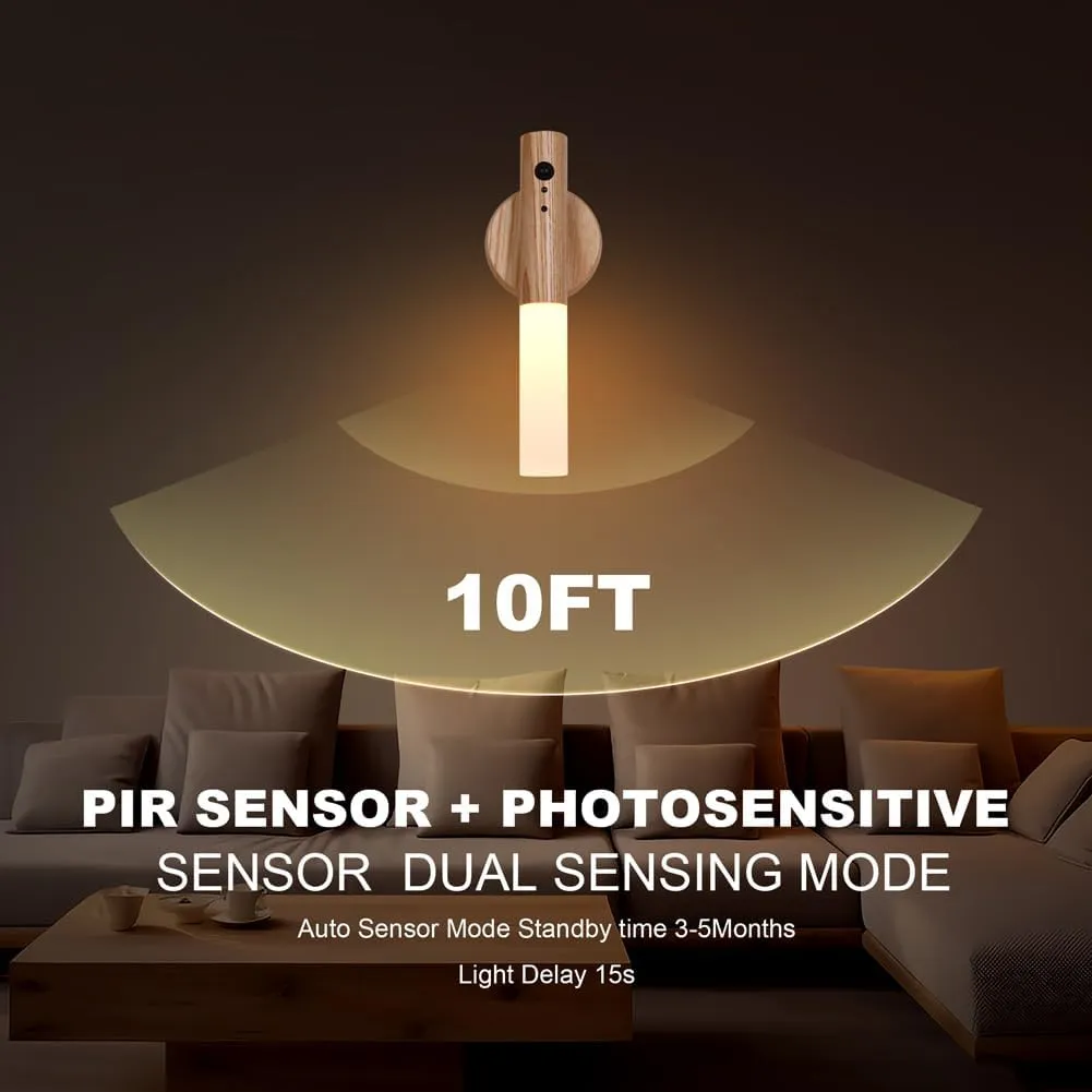 LANDGOO RGB Motion Sensor Night Light, Magnet Body Hallway Atmosphere Lamp, Battery Powered Rechargeable LED Portable Wooden Wall Sconce (RGB Ash Wood 1PC)