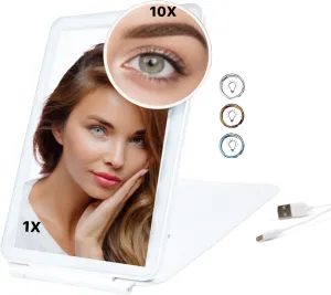 LED Compact Makeup Beauty Travel Mirror Rechargeable 5 X 7 1/2 Inch Foldable with Detachable 10X Magnification and 3 Color Lighted Touch Screen Ultra Thin for Travel Home Office