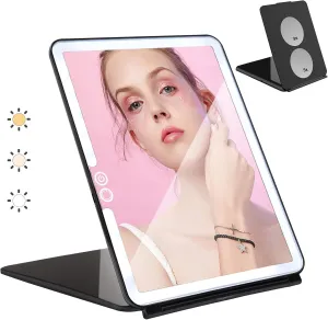 LED Light Travel Makeup Mirror, 3X 5X Magnifying Vanity Mirror USB Charge Foldable Standing Mirror Touch Screen 3 Colors Brightness Adjustable Portable Cosmetic Mirror for Travel Makeup