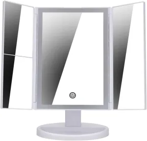 Led Makeup Mirror With Lights And 1X/2X/3X Magnification, Trifold Lighted Vanity Mirror 35 Led Dimmable Touch Screen, 360° Rotation, 2 Power Supply, Illuminated Make Up Mirror Light Up Tabletop White