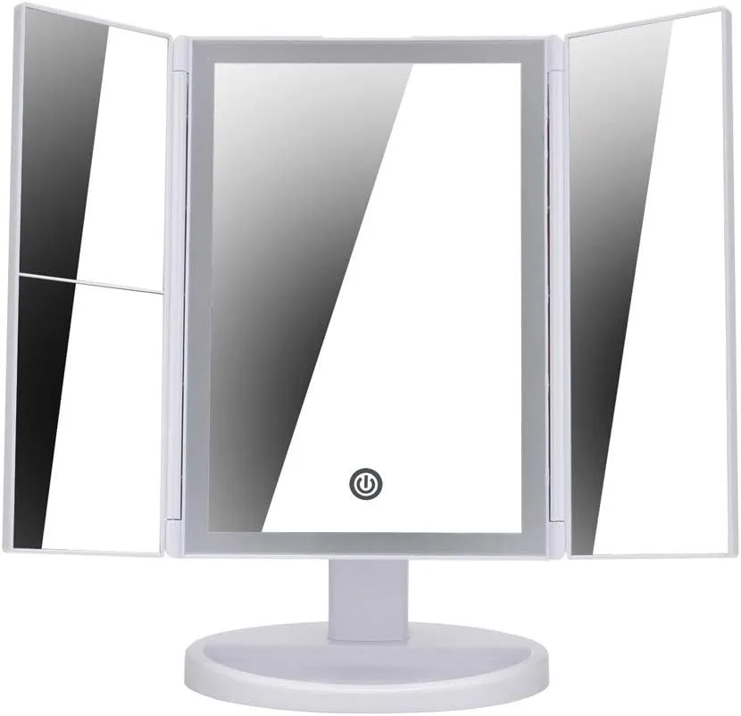 Led Makeup Mirror With Lights And 1X/2X/3X Magnification, Trifold Lighted Vanity Mirror 35 Led Dimmable Touch Screen, 360° Rotation, 2 Power Supply, Illuminated Make Up Mirror Light Up Tabletop White