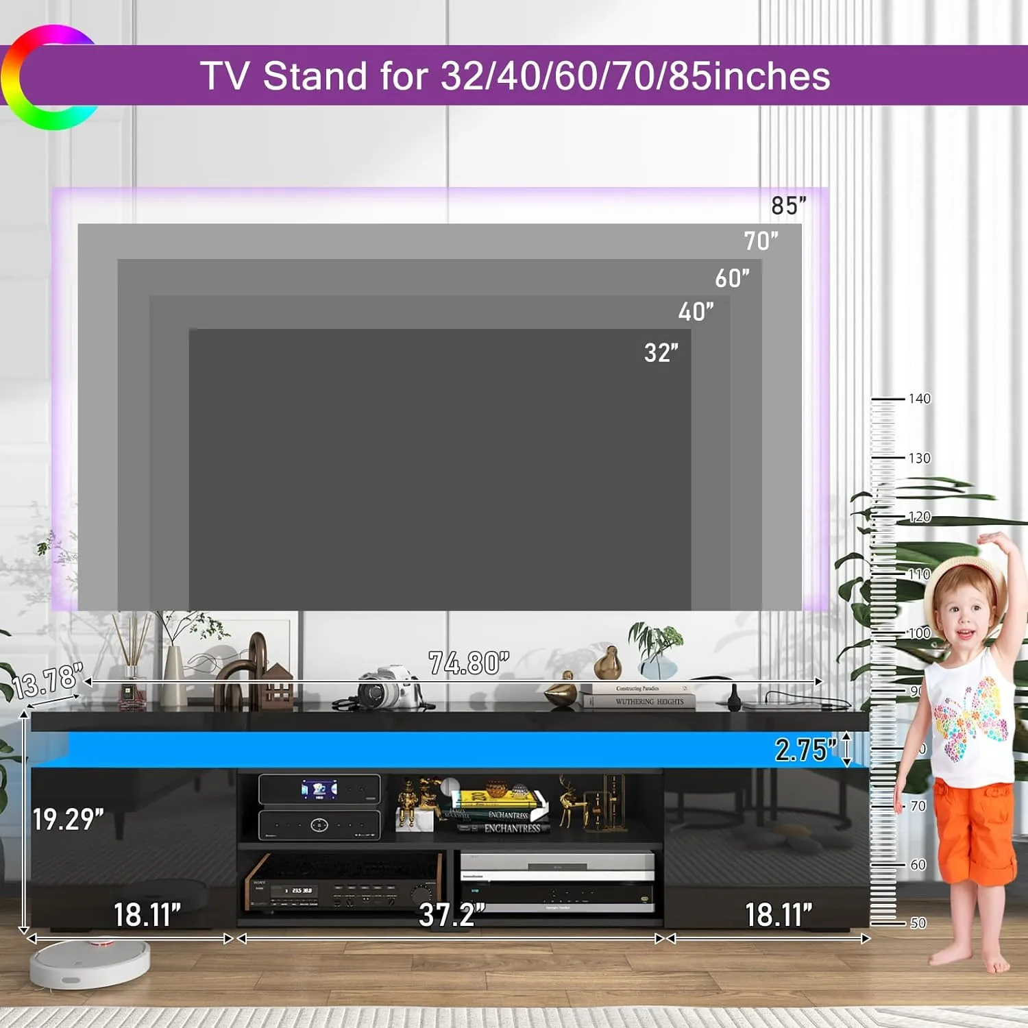 LED TV Stand for 85 Inch TV, Modern TV Stand with Power Outlet, High Gloss TV Console Entertainment Center with Storage and LED Lights for Living Room, Bedroom (74 Inch, Black), UDKSE1883