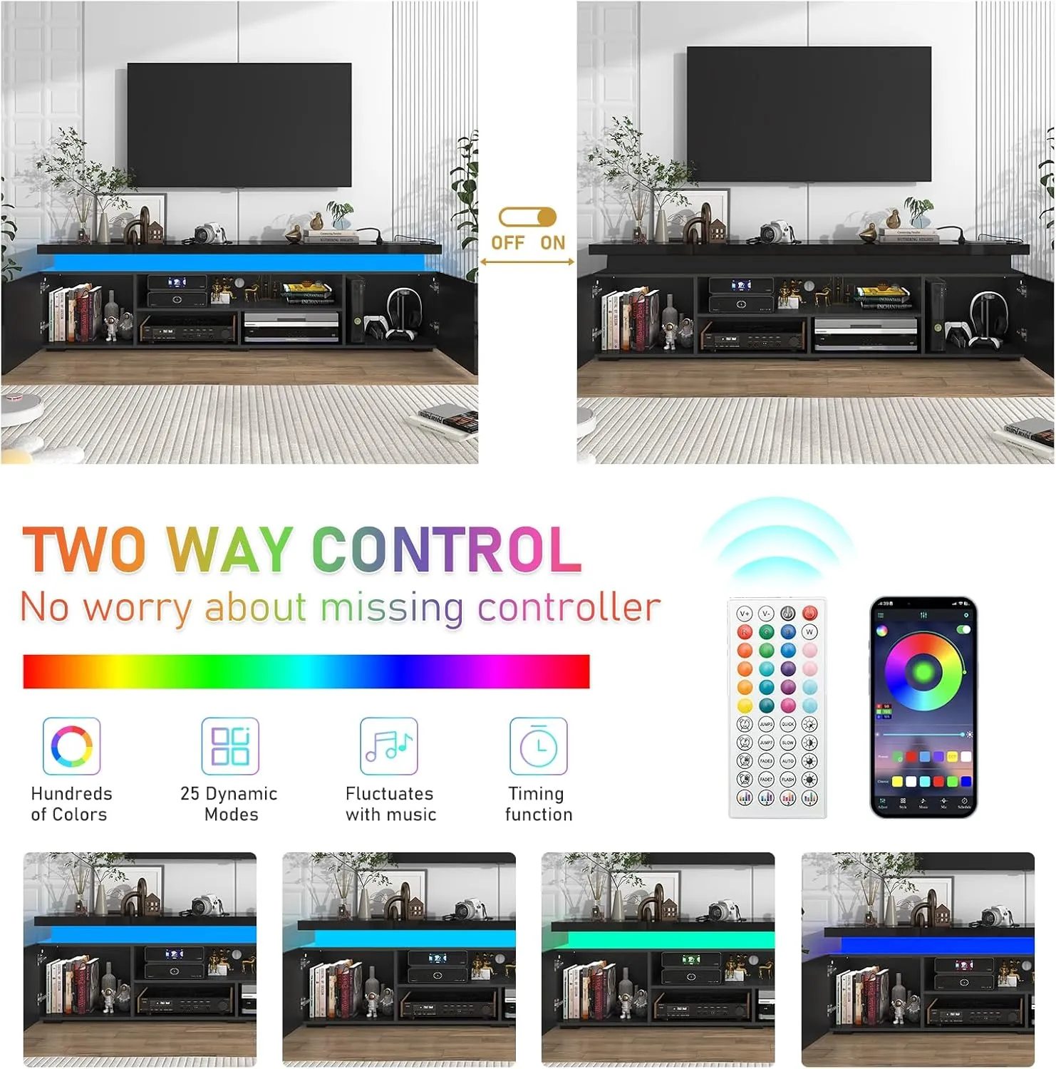 LED TV Stand for 85 Inch TV, Modern TV Stand with Power Outlet, High Gloss TV Console Entertainment Center with Storage and LED Lights for Living Room, Bedroom (74 Inch, Black), UDKSE1883