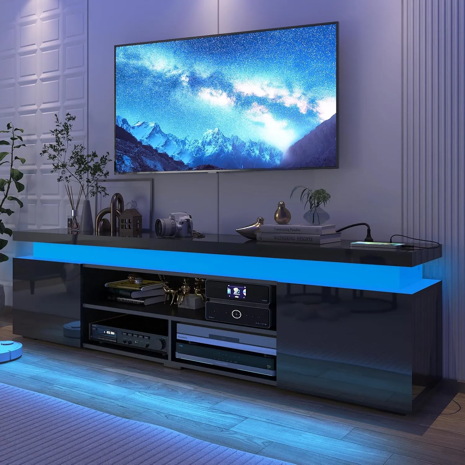 LED TV Stand for 85 Inch TV, Modern TV Stand with Power Outlet, High Gloss TV Console Entertainment Center with Storage and LED Lights for Living Room, Bedroom (74 Inch, Black), UDKSE1883