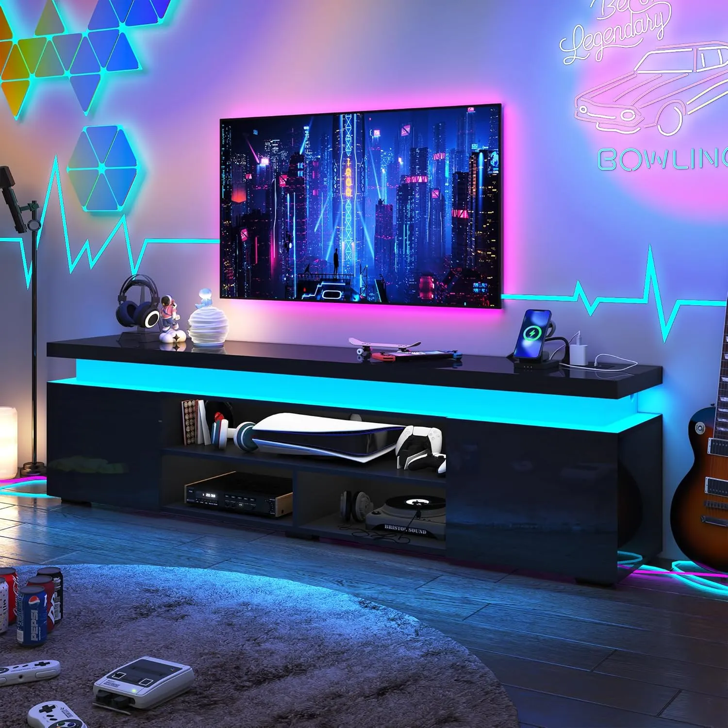 LED TV Stand for 85 Inch TV, Modern TV Stand with Power Outlet, High Gloss TV Console Entertainment Center with Storage and LED Lights for Living Room, Bedroom (74 Inch, Black), UDKSE1883