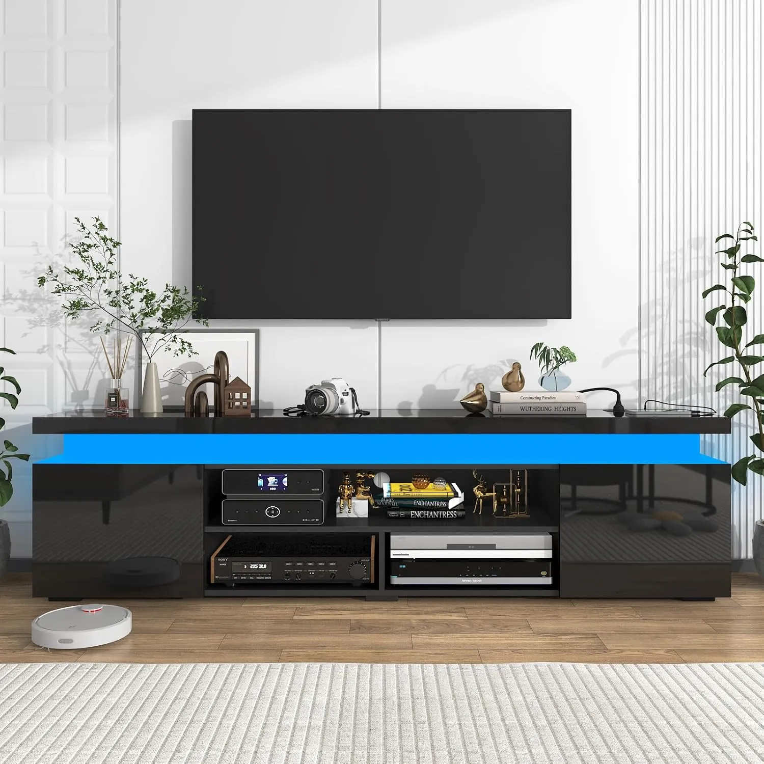 LED TV Stand for 85 Inch TV, Modern TV Stand with Power Outlet, High Gloss TV Console Entertainment Center with Storage and LED Lights for Living Room, Bedroom (74 Inch, Black), UDKSE1883