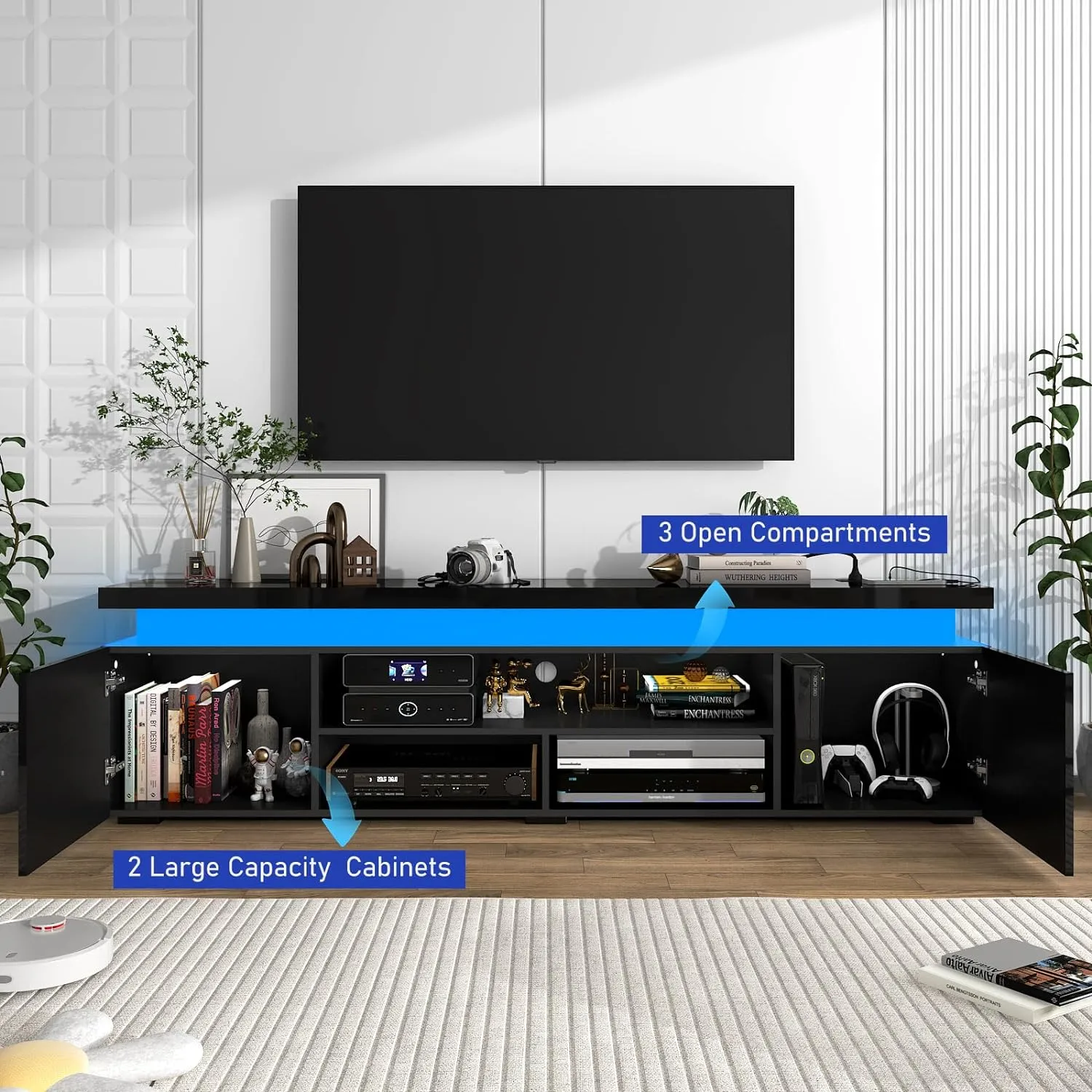 LED TV Stand for 85 Inch TV, Modern TV Stand with Power Outlet, High Gloss TV Console Entertainment Center with Storage and LED Lights for Living Room, Bedroom (74 Inch, Black), UDKSE1883