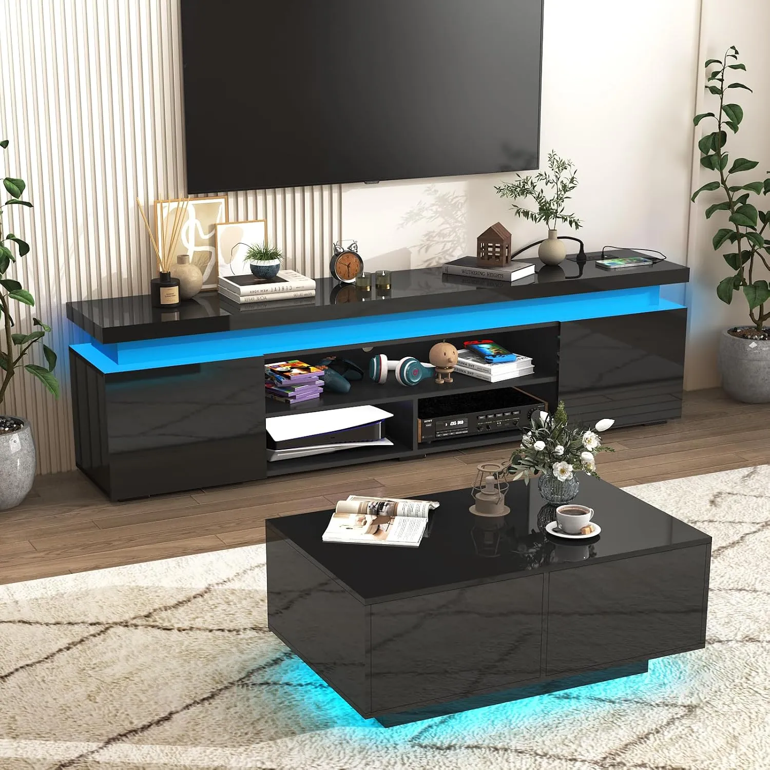 LED TV Stand for 85 Inch TV, Modern TV Stand with Power Outlet, High Gloss TV Console Entertainment Center with Storage and LED Lights for Living Room, Bedroom (74 Inch, Black), UDKSE1883