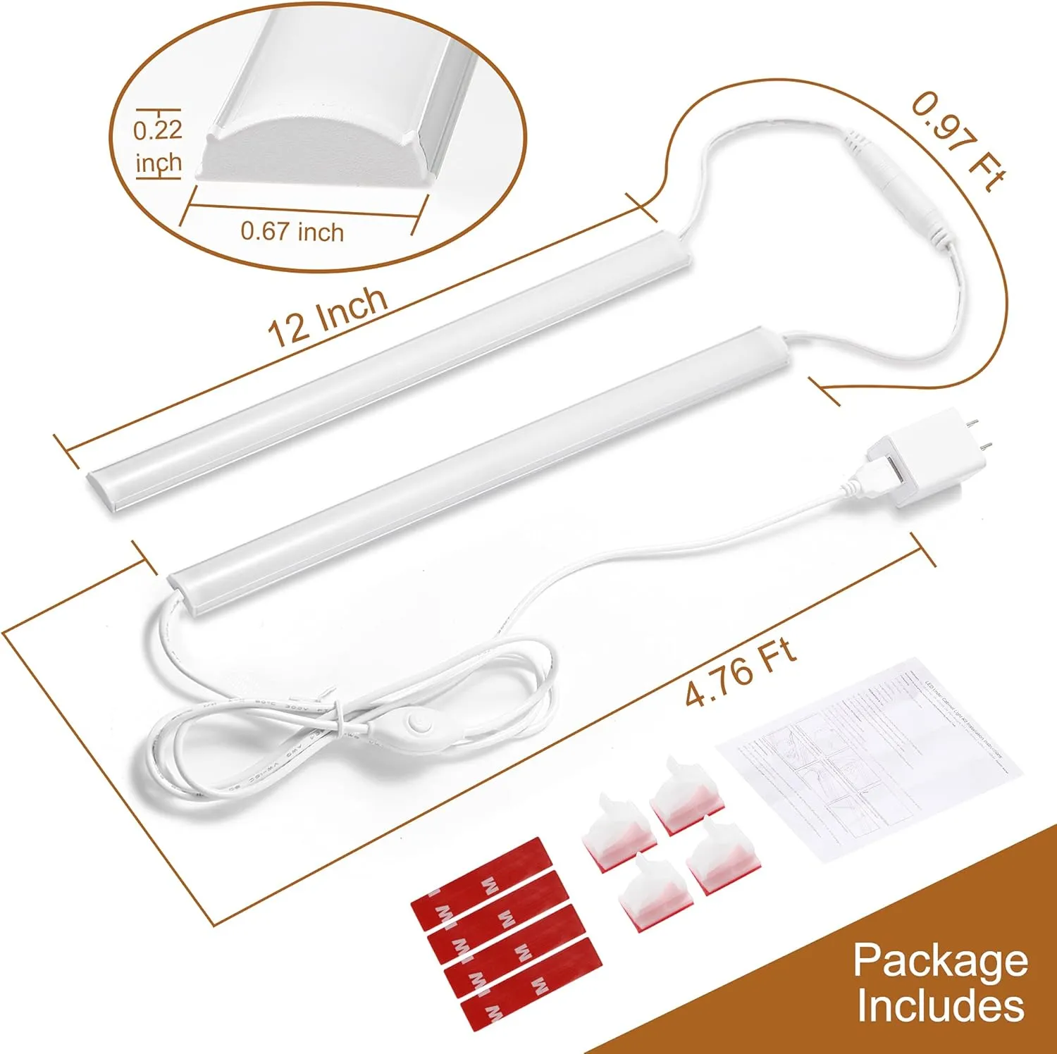 LED Under Cabinet Lighting, 2pcs x 12 Inch Dimmable, USB Plug-in Under Counter Lights with Memory Function, Natural White 4000K