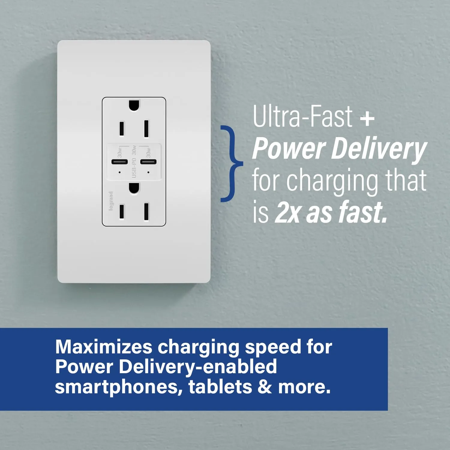 Legrand Radiant R26USBPDW 15 Amp Tamper-Resistant Decorator Duplex Receptacle Outlet with Ultra Fast USB C/C 6.0A Charging Ports Plus 30W Power Delivery, White (1 Count)