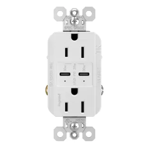 Legrand Radiant R26USBPDW 15 Amp Tamper-Resistant Decorator Duplex Receptacle Outlet with Ultra Fast USB C/C 6.0A Charging Ports Plus 30W Power Delivery, White (1 Count)