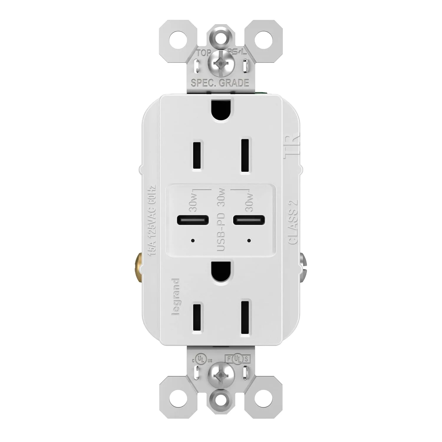 Legrand Radiant R26USBPDW 15 Amp Tamper-Resistant Decorator Duplex Receptacle Outlet with Ultra Fast USB C/C 6.0A Charging Ports Plus 30W Power Delivery, White (1 Count)