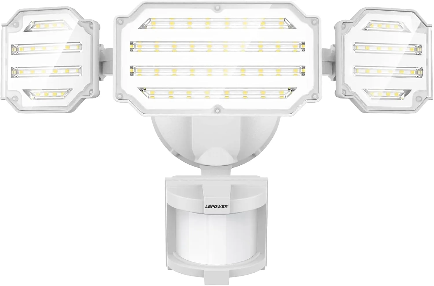 LEPOWER 48W LED Security Lights, 5200LM Motion Sensor Flood Lights Outdoor, Motion Detector Flood Light with Adjustable 72ft &Time Setting, 3 Heads for Outside Garage, Yard, Porch, Entryway(White)