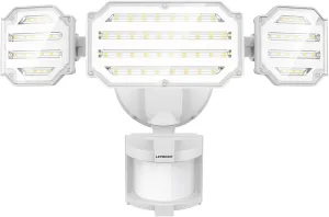 LEPOWER 48W LED Security Lights, 5200LM Motion Sensor Flood Lights Outdoor, Motion Detector Flood Light with Adjustable 72ft &Time Setting, 3 Heads for Outside Garage, Yard, Porch, Entryway(White)