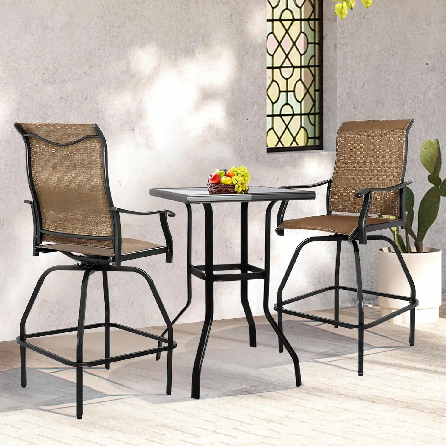 LEVELEVE Patio Bar Set 3pcs Swivel Bar Stools Outdoor Bistro Textilene Furniture Stability All-Weather Set with Height Table (3, Dark Brown Fabric)