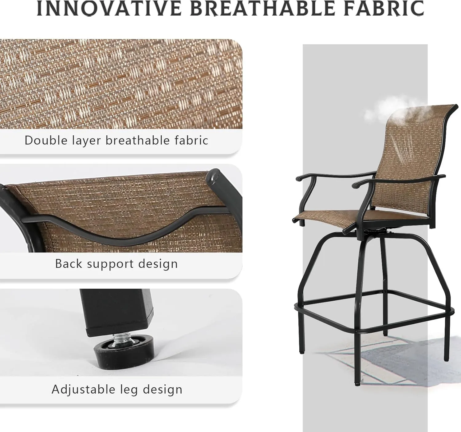 LEVELEVE Patio Bar Set 3pcs Swivel Bar Stools Outdoor Bistro Textilene Furniture Stability All-Weather Set with Height Table (3, Dark Brown Fabric)