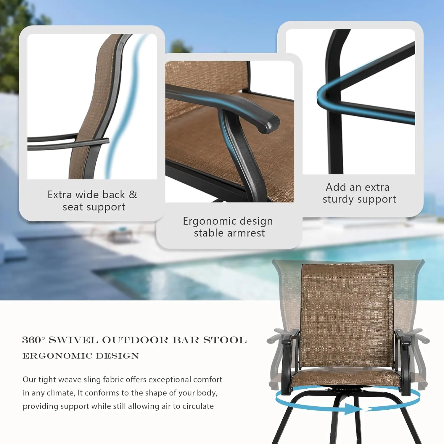 LEVELEVE Patio Bar Set 3pcs Swivel Bar Stools Outdoor Bistro Textilene Furniture Stability All-Weather Set with Height Table (3, Dark Brown Fabric)