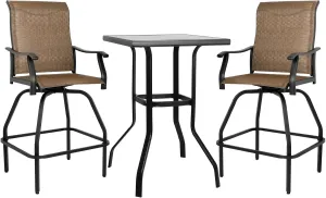 LEVELEVE Patio Bar Set 3pcs Swivel Bar Stools Outdoor Bistro Textilene Furniture Stability All-Weather Set with Height Table (3, Dark Brown Fabric)