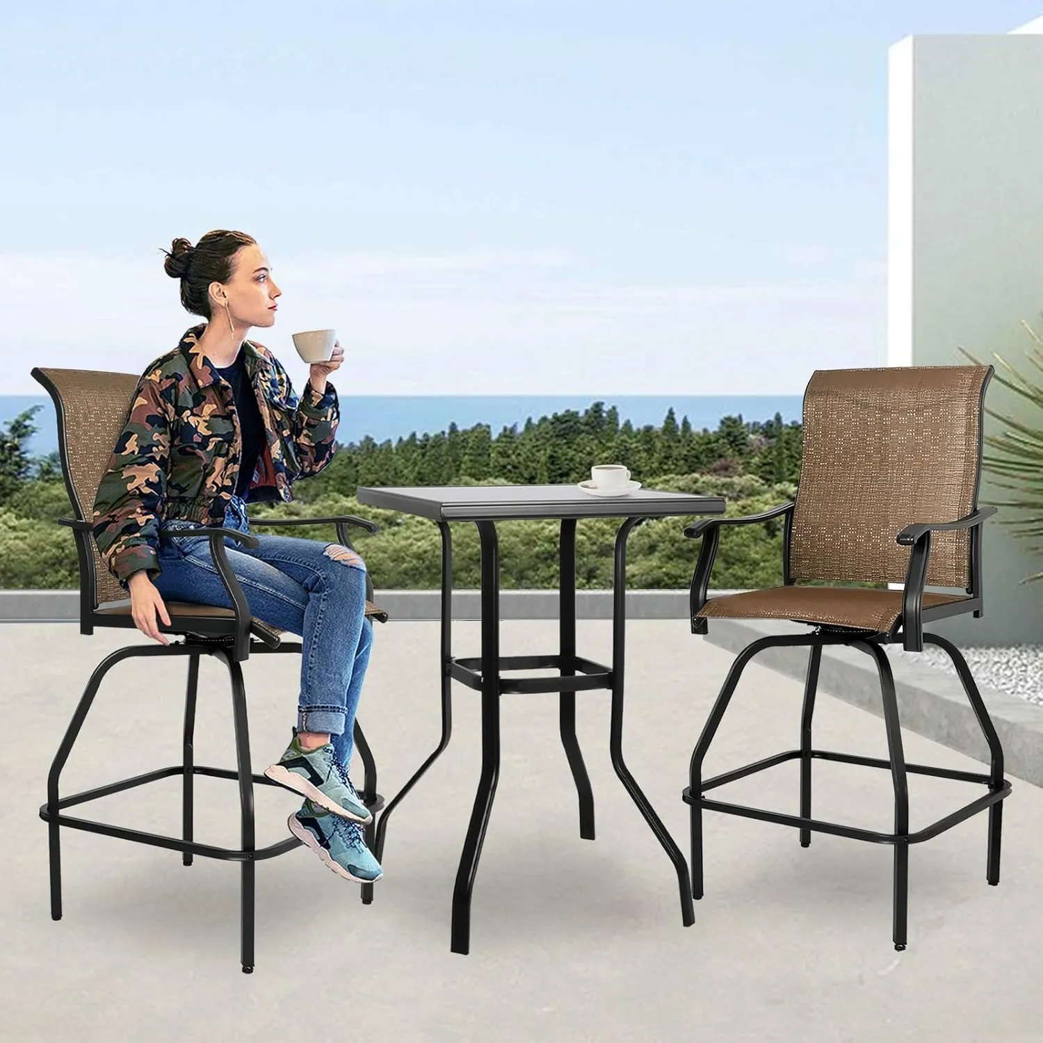 LEVELEVE Patio Bar Set 3pcs Swivel Bar Stools Outdoor Bistro Textilene Furniture Stability All-Weather Set with Height Table (3, Dark Brown Fabric)