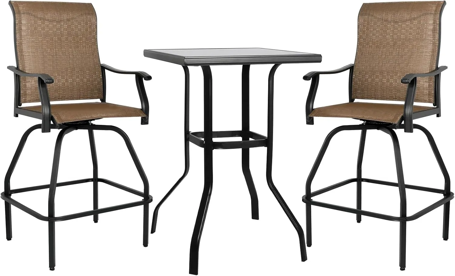 LEVELEVE Patio Bar Set 3pcs Swivel Bar Stools Outdoor Bistro Textilene Furniture Stability All-Weather Set with Height Table (3, Dark Brown Fabric)