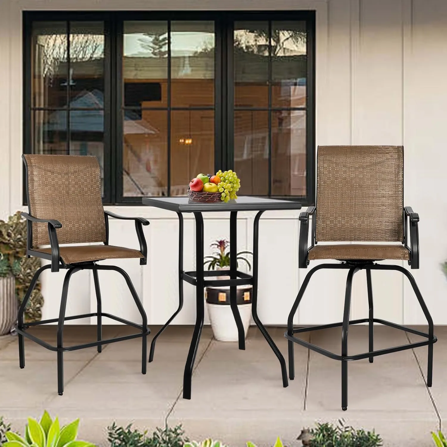 LEVELEVE Patio Bar Set 3pcs Swivel Bar Stools Outdoor Bistro Textilene Furniture Stability All-Weather Set with Height Table (3, Dark Brown Fabric)