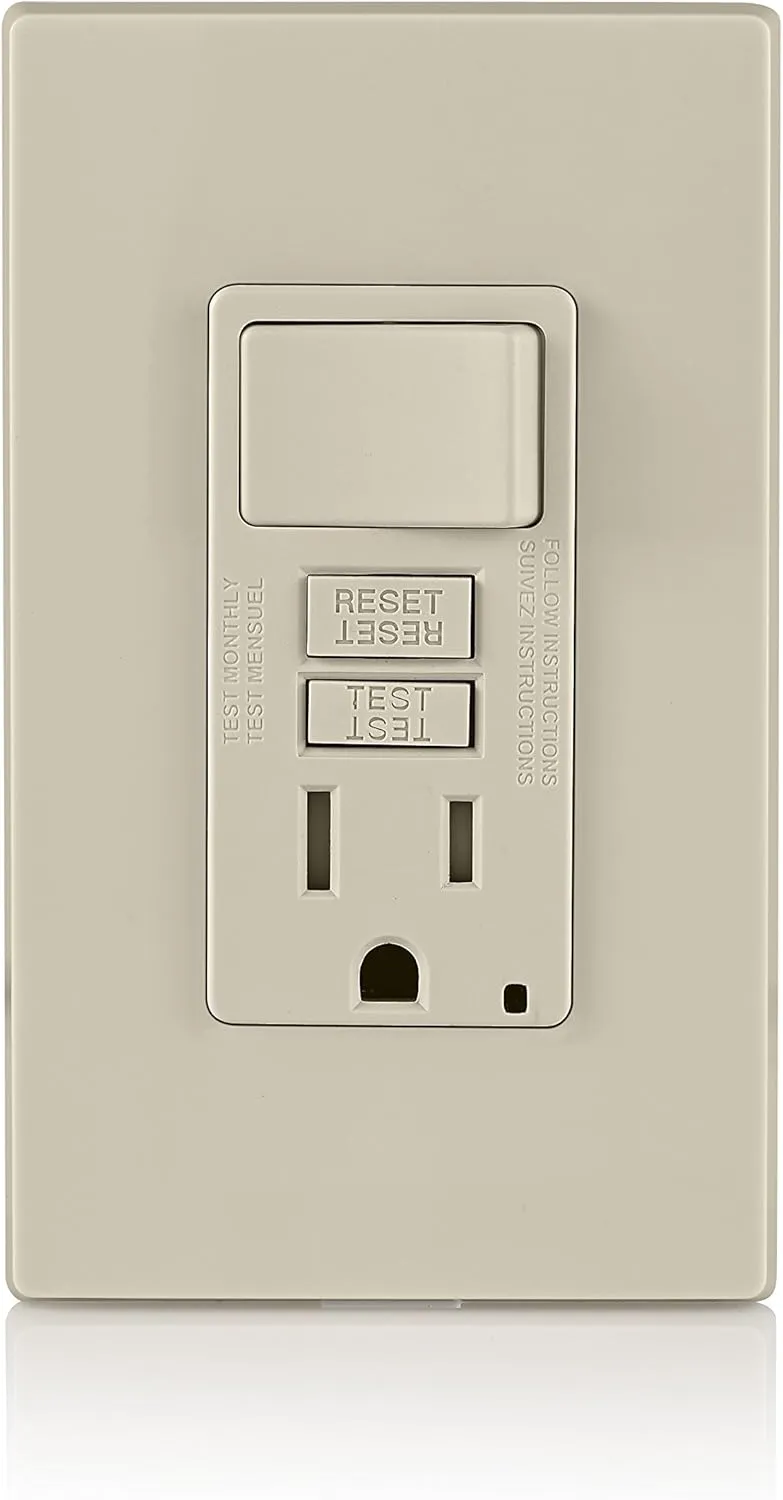 Leviton GFCI Combination Outlet with Switch, 15 Amp, Self Test, Tamper-Resistant with LED Indicator Light, Saves Space, GFSW1-T, Light Almond