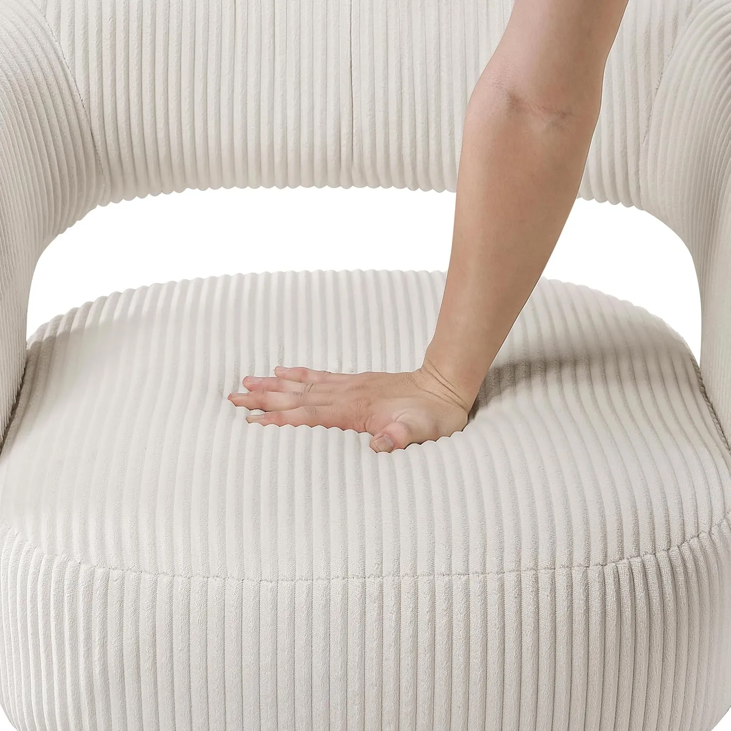 Lexicon 360 Degree Swivel Accent Chair Arm Chair, Modern Comfy Corduroy Barrel Chair, Open Back Round Chair with Metal Swivel Base, Club Armchair for Living Room/Bedroom/Office, Beige