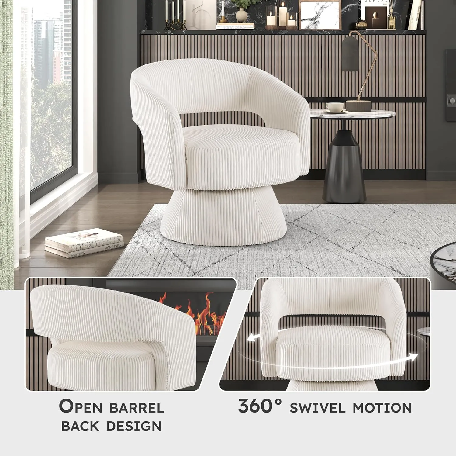 Lexicon 360 Degree Swivel Accent Chair Arm Chair, Modern Comfy Corduroy Barrel Chair, Open Back Round Chair with Metal Swivel Base, Club Armchair for Living Room/Bedroom/Office, Beige