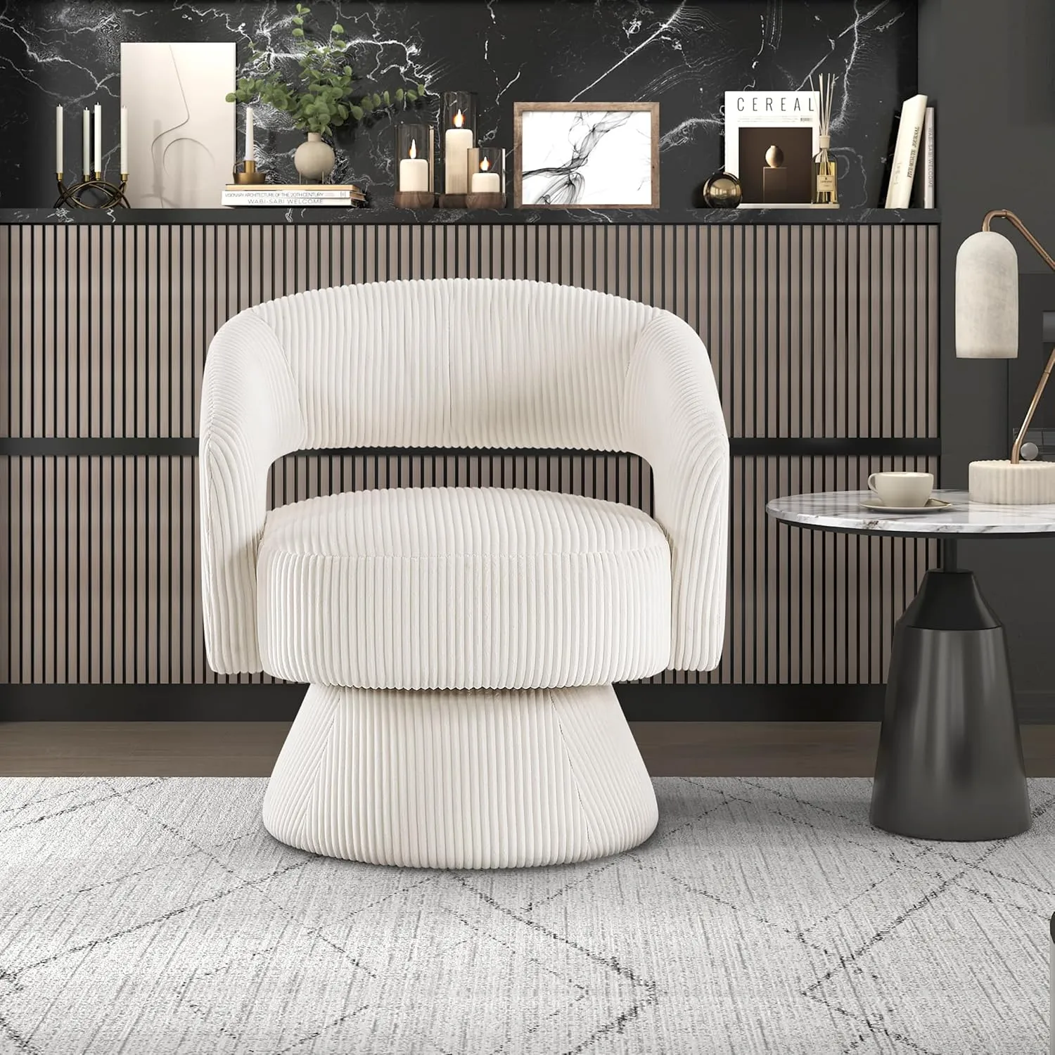 Lexicon 360 Degree Swivel Accent Chair Arm Chair, Modern Comfy Corduroy Barrel Chair, Open Back Round Chair with Metal Swivel Base, Club Armchair for Living Room/Bedroom/Office, Beige