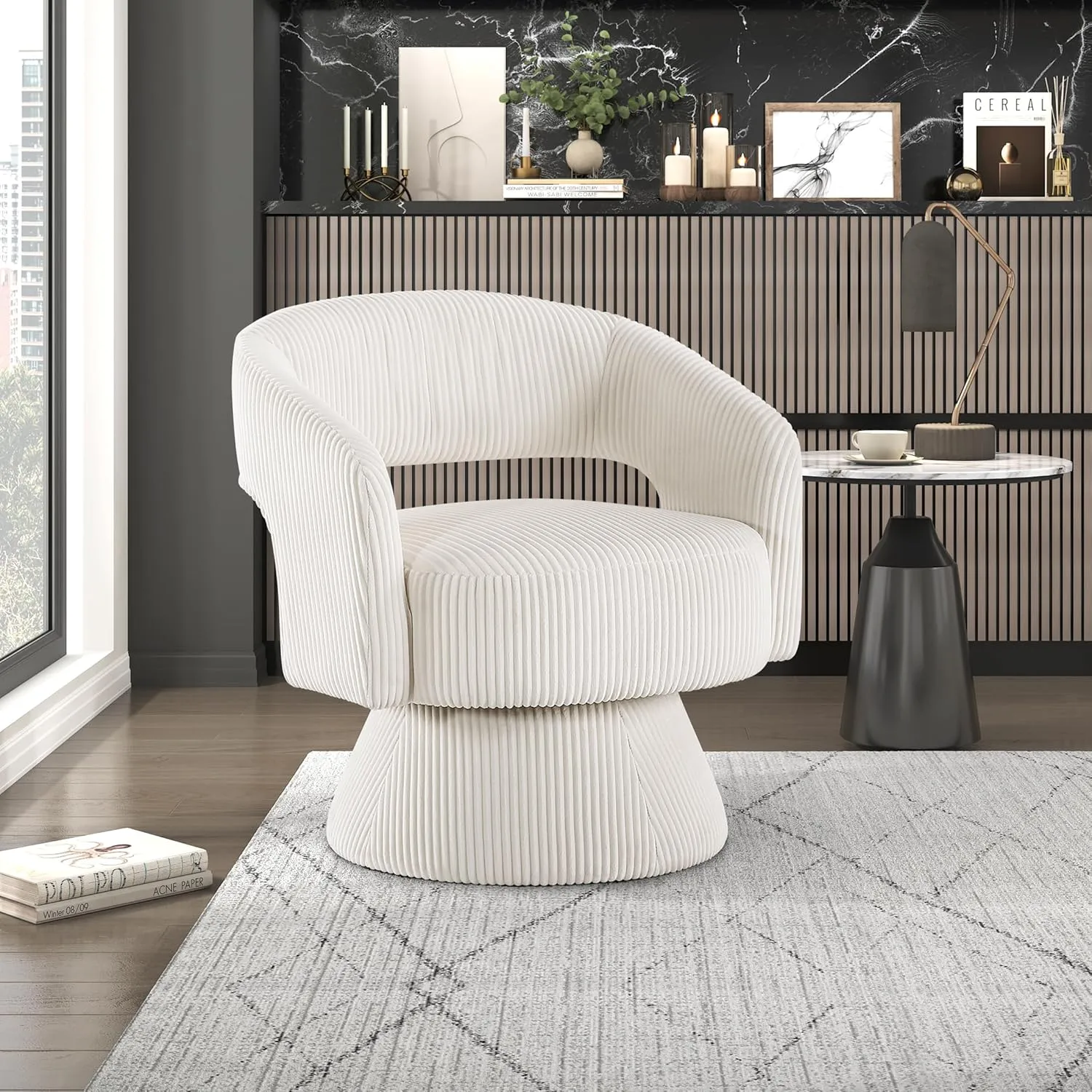 Lexicon 360 Degree Swivel Accent Chair Arm Chair, Modern Comfy Corduroy Barrel Chair, Open Back Round Chair with Metal Swivel Base, Club Armchair for Living Room/Bedroom/Office, Beige