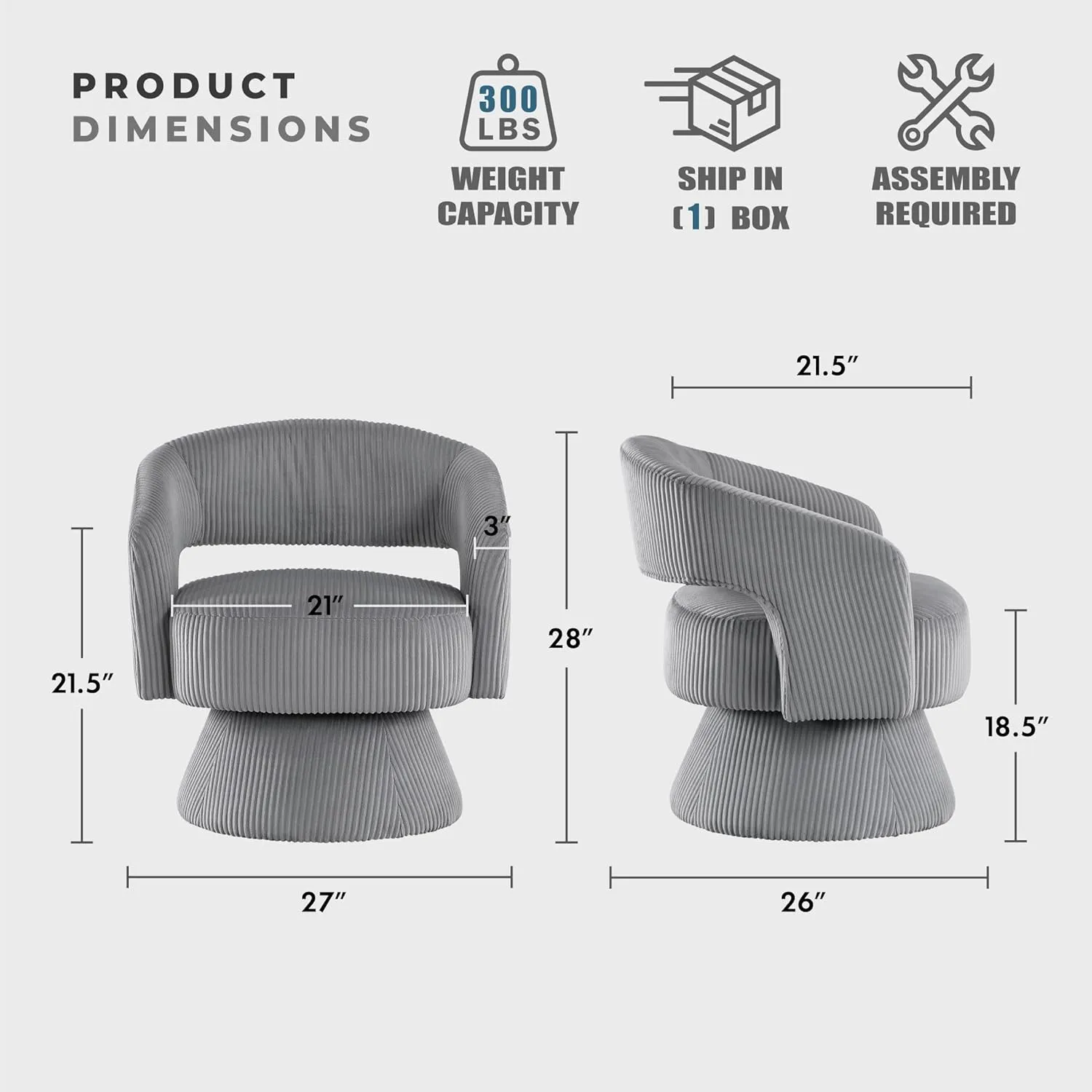 Lexicon 360 Degree Swivel Accent Chair Arm Chair, Modern Comfy Corduroy Barrel Chair, Open Back Round Chair with Metal Swivel Base, Club Armchair for Living Room/Bedroom/Office, Dark Gray