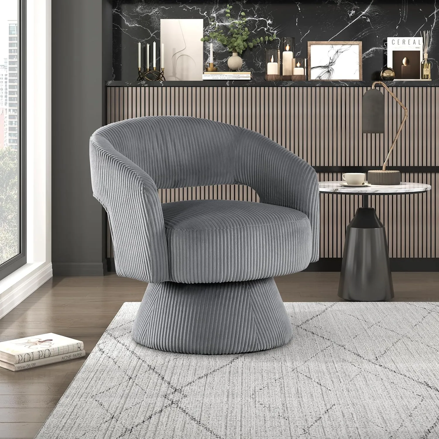 Lexicon 360 Degree Swivel Accent Chair Arm Chair, Modern Comfy Corduroy Barrel Chair, Open Back Round Chair with Metal Swivel Base, Club Armchair for Living Room/Bedroom/Office, Dark Gray