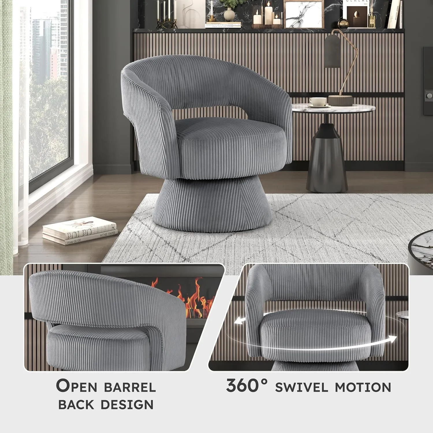 Lexicon 360 Degree Swivel Accent Chair Arm Chair, Modern Comfy Corduroy Barrel Chair, Open Back Round Chair with Metal Swivel Base, Club Armchair for Living Room/Bedroom/Office, Dark Gray