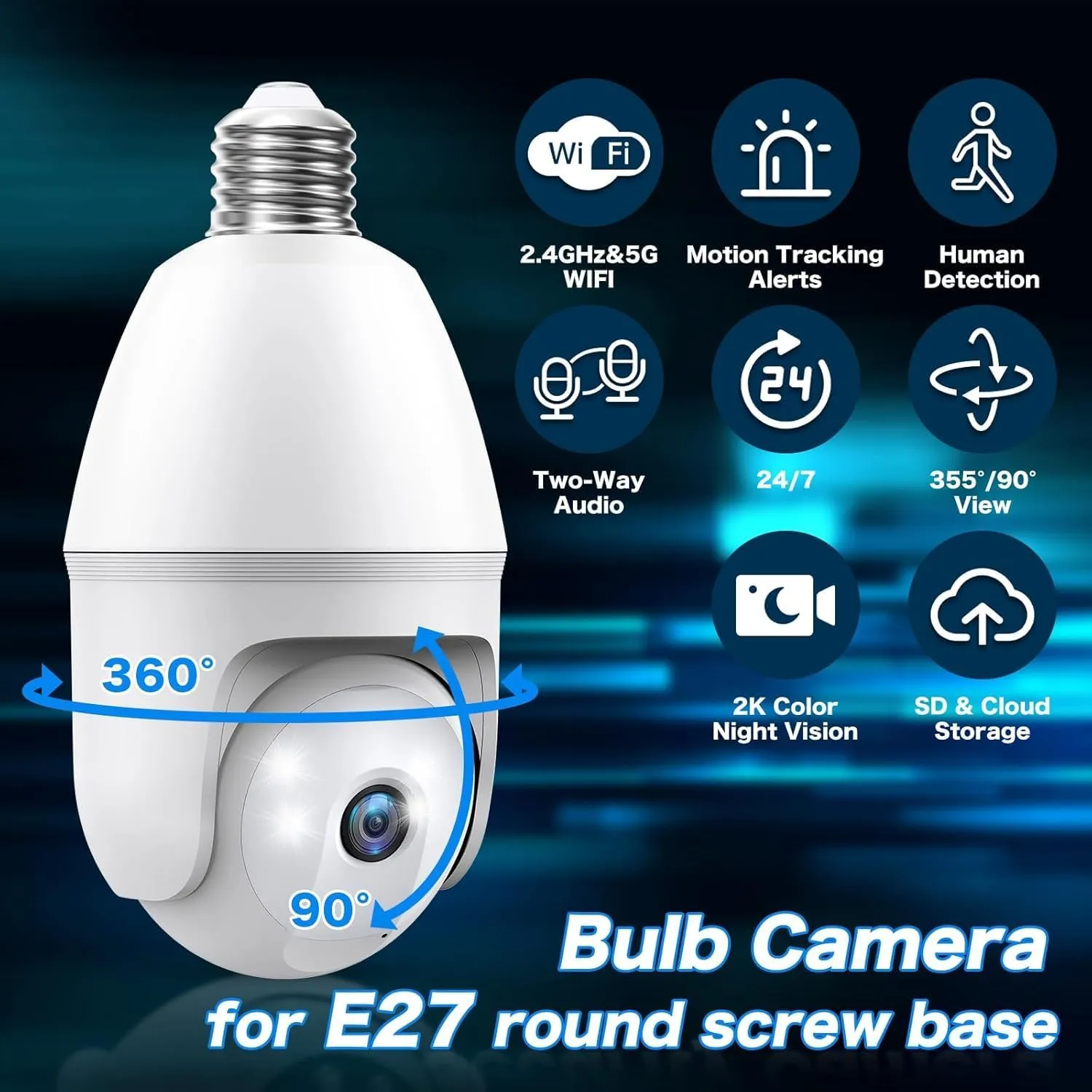 Light Bulb Security Camera - 5g 2K Lightbulb Security Cameras Wireless Outdoor EseeCloud, 360 Front Porch Light Camera Screw in Light Socket 7/24 Motion Sensor Color Night Vision 2-Way Audio