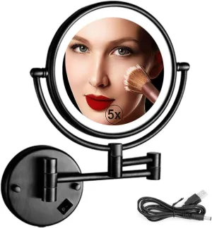 Lighted Makeup Mirror, LED Vanity Mirror, 8" LED Wall Mounted Makeup Mirror Light Double Sided 1X/5X Magnifying Vanity Mirror Swivel Extendable, Shaving in Bedroom or Bathroom