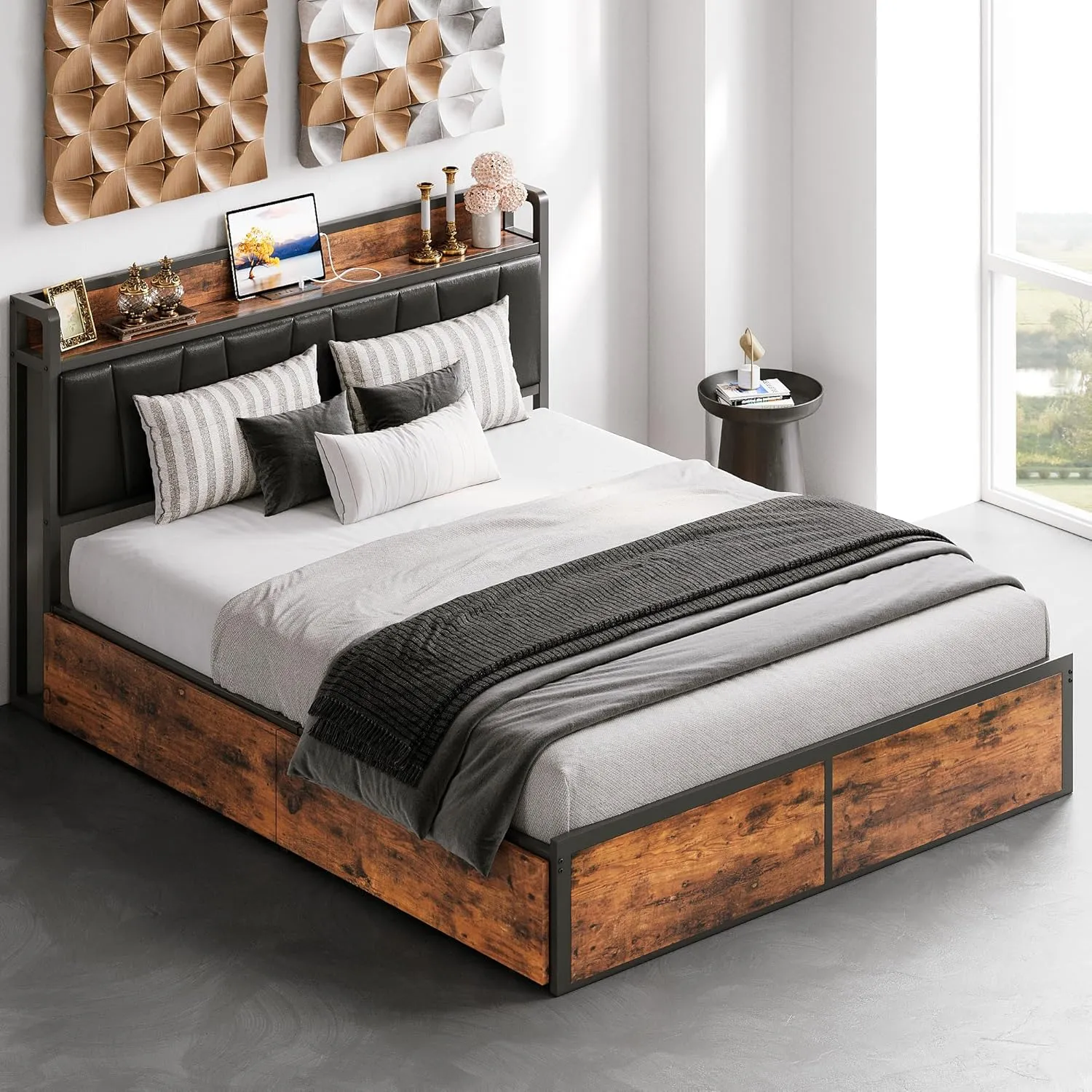 LIKIMIO Queen Bed Frame with 4 Storage Drawers, Platform Bed with Charged Headboard, Sturdy and Stable, No Noise, No Box Spring Needed, Easy to Install, Vintage Brown and Black