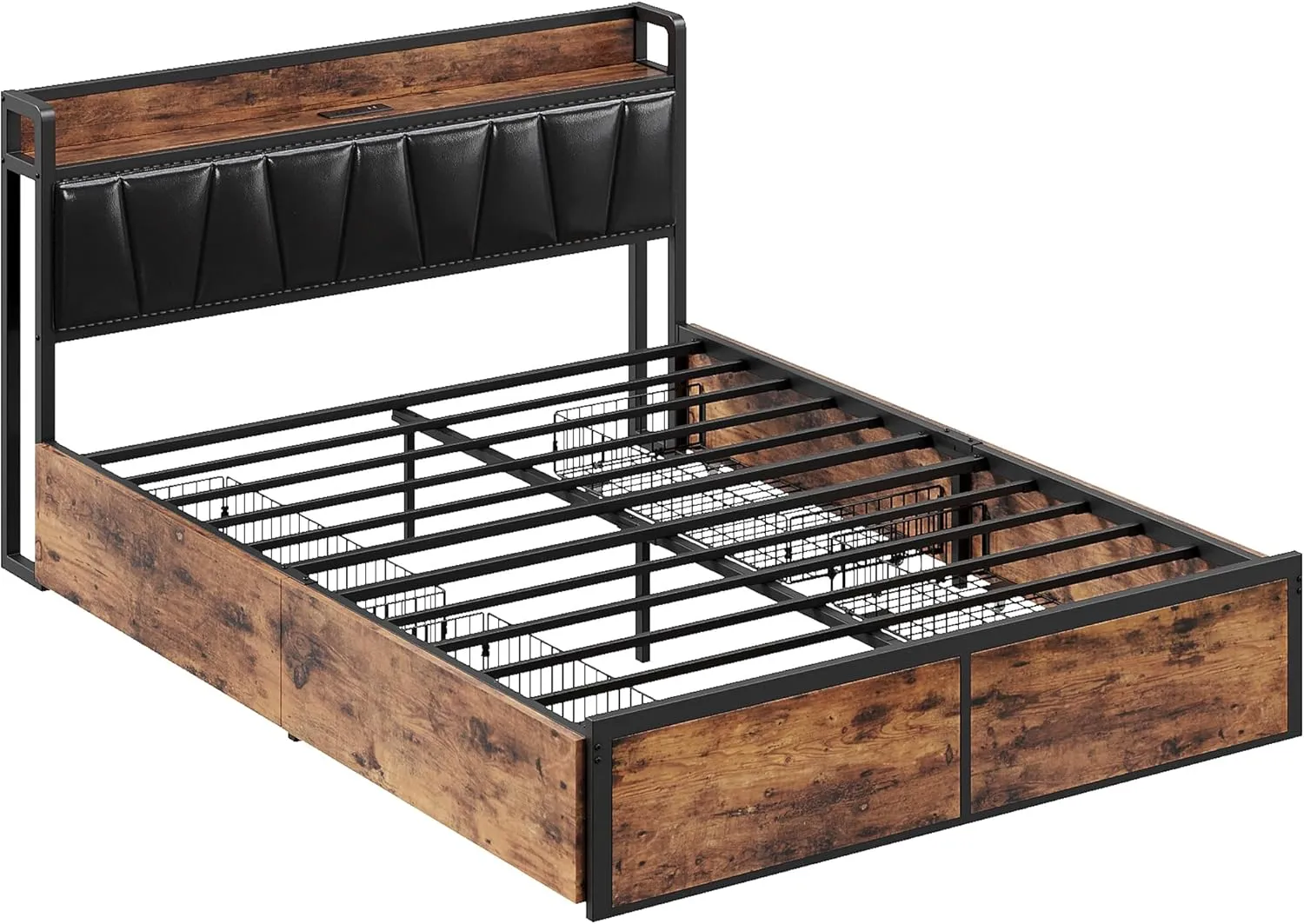 LIKIMIO Queen Bed Frame with 4 Storage Drawers, Platform Bed with Charged Headboard, Sturdy and Stable, No Noise, No Box Spring Needed, Easy to Install, Vintage Brown and Black