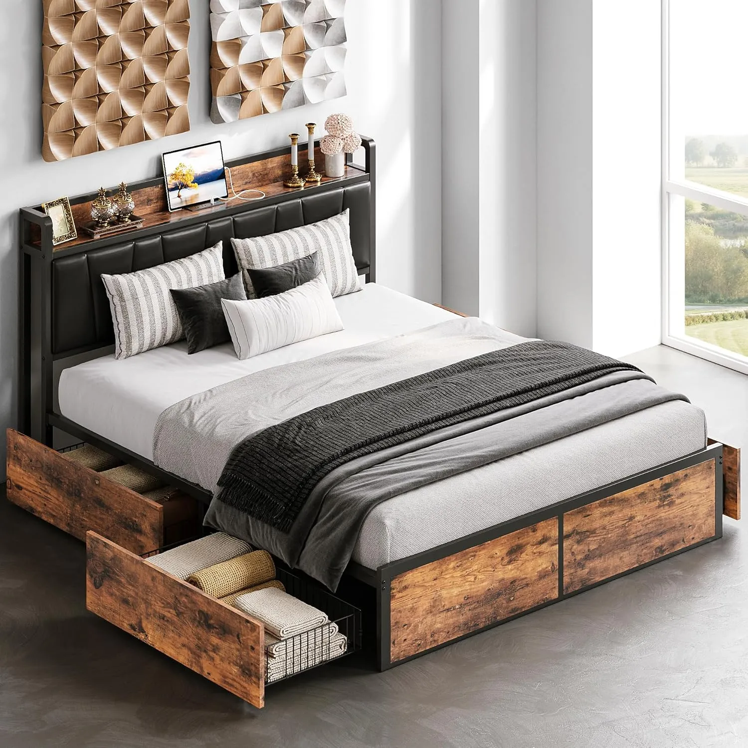 LIKIMIO Queen Bed Frame with 4 Storage Drawers, Platform Bed with Charged Headboard, Sturdy and Stable, No Noise, No Box Spring Needed, Easy to Install, Vintage Brown and Black