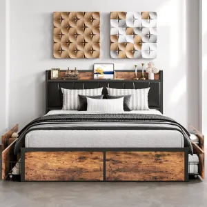 LIKIMIO Queen Bed Frame with 4 Storage Drawers, Platform Bed with Charged Headboard, Sturdy and Stable, No Noise, No Box Spring Needed, Easy to Install, Vintage Brown and Black