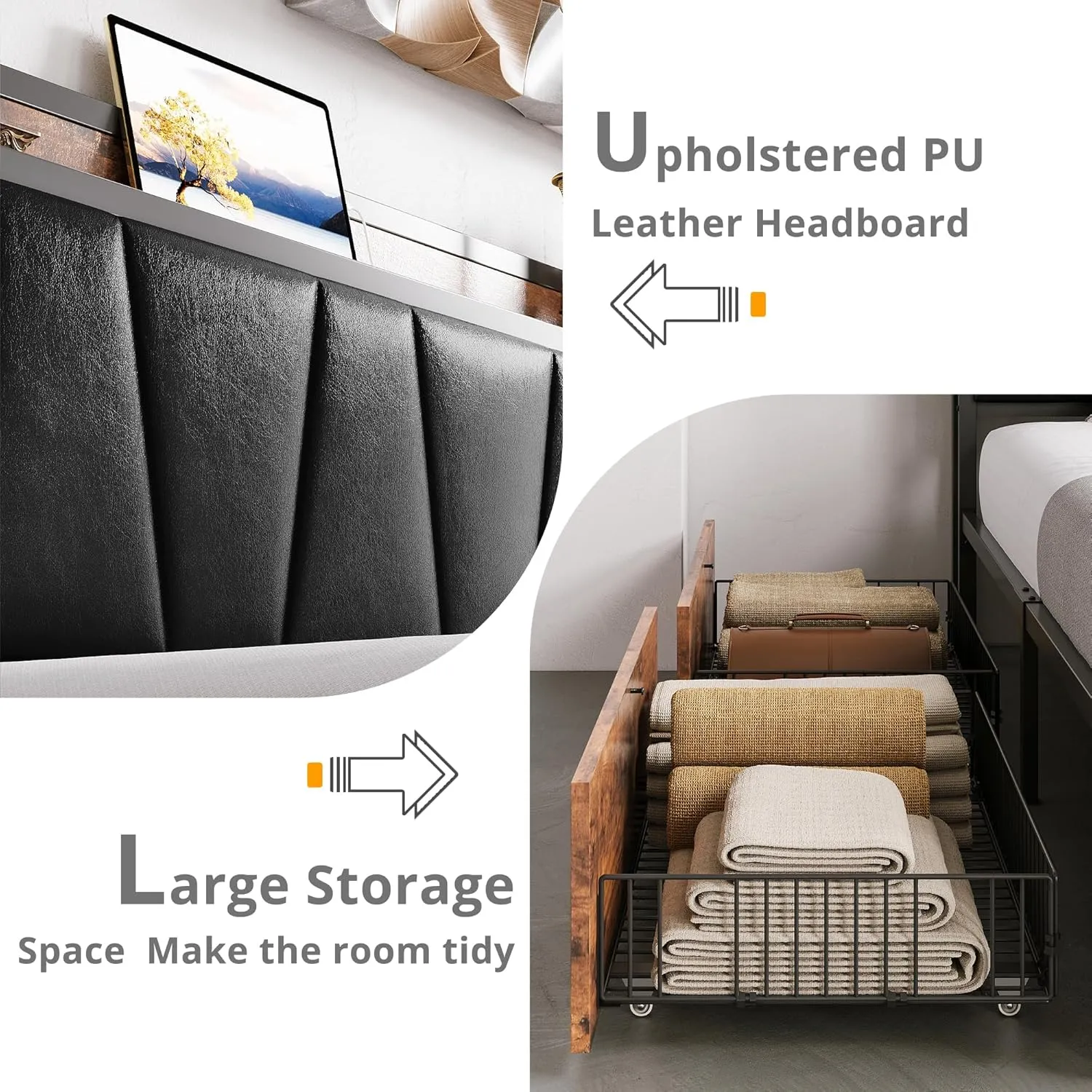 LIKIMIO Queen Bed Frame with 4 Storage Drawers, Platform Bed with Charged Headboard, Sturdy and Stable, No Noise, No Box Spring Needed, Easy to Install, Vintage Brown and Black