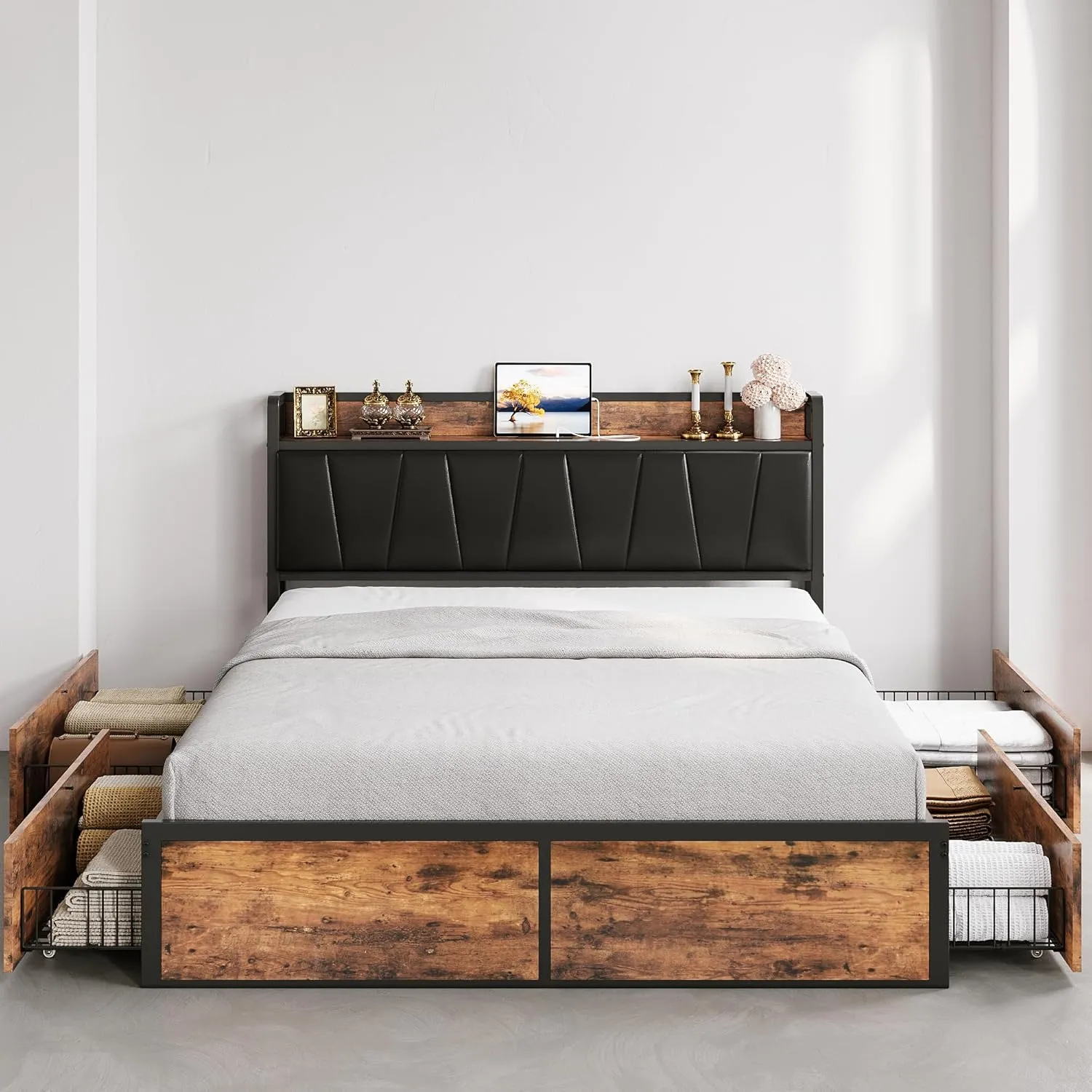 LIKIMIO Queen Bed Frame with 4 Storage Drawers, Platform Bed with Charged Headboard, Sturdy and Stable, No Noise, No Box Spring Needed, Easy to Install, Vintage Brown and Black