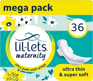 Lil-Lets Maternity Ultra Thin Pads with Wings – 36 Pack Bundle for Post-Natal Bleeding & Lighter Flow – Postpartum Essentials - Long, Extra Absorbent, Soft & Cushioned Maternity Towels, Fragrance-Free