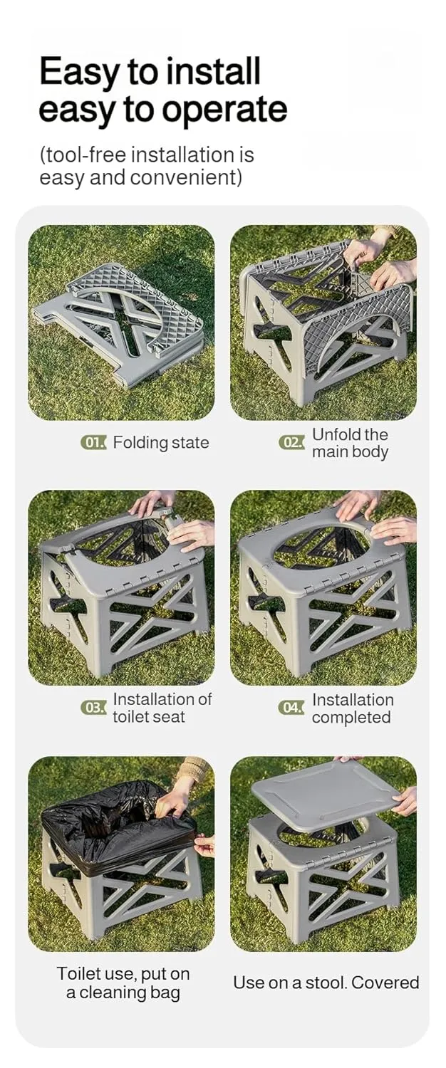 [lilaBelle]【Multi-Scenario Foldable Toilet Stool】200lbs PP Portable Commode for Car, Camping, RV – Leakproof Design with Sanitary Bags & Stabilizing Base, Compact Travel Toilet for Families