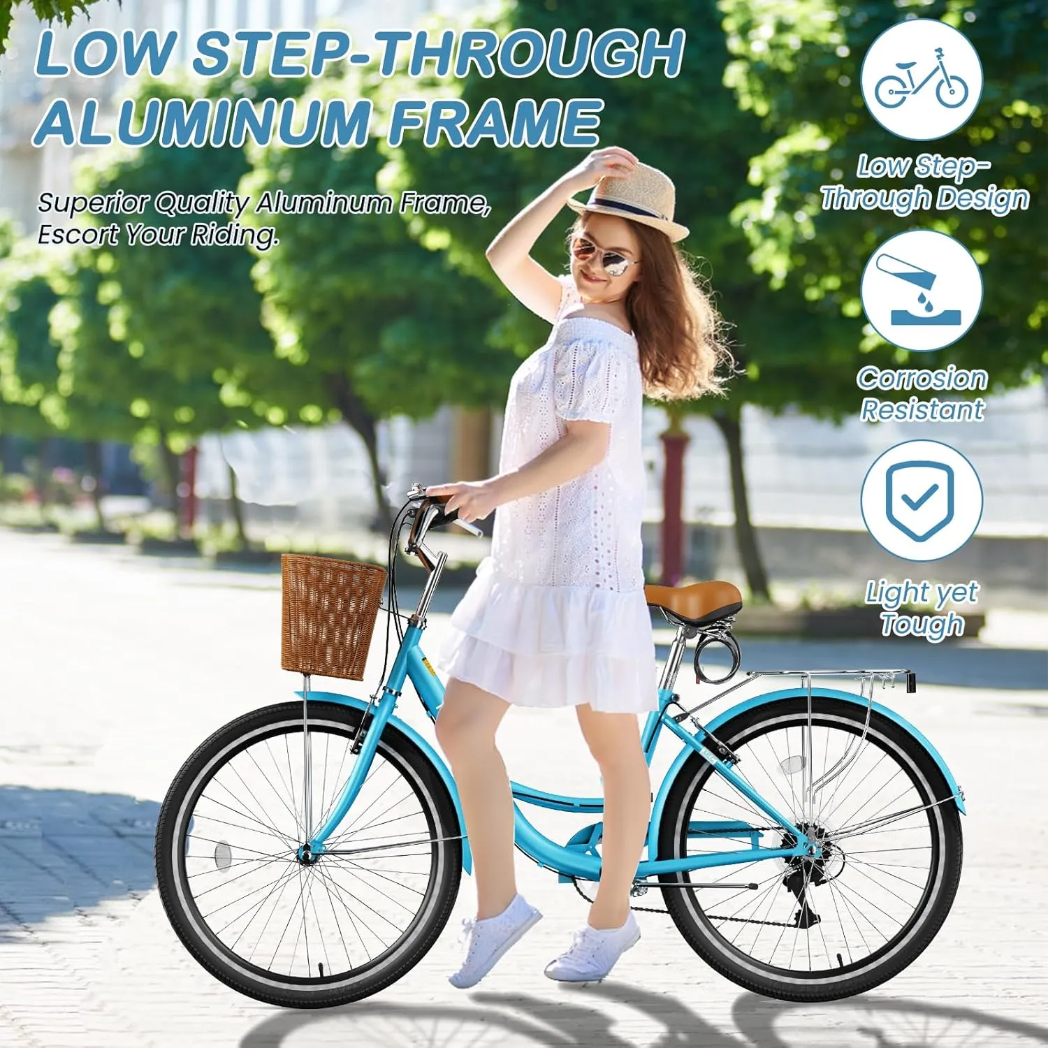 LILYPELLE Womens Bike, 7 Speed Bike for Adults Women with Ratten Basket & Rack, Beach Cruiser Bikes for Women, Womens Bicycle for Commuting, Step Through City Bikes for Women Adults Ladies