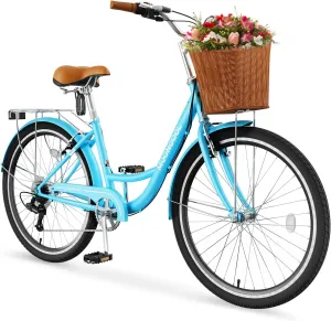 LILYPELLE Womens Bike, 7 Speed Bike for Adults Women with Ratten Basket & Rack, Beach Cruiser Bikes for Women, Womens Bicycle for Commuting, Step Through City Bikes for Women Adults Ladies