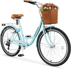 LILYPELLE Womens Bike, 7 Speed Bike for Adults Women with Ratten Basket & Rack, Beach Cruiser Bikes for Women, Womens Bicycle for Commuting, Step Through City Bikes for Women Adults Ladies
