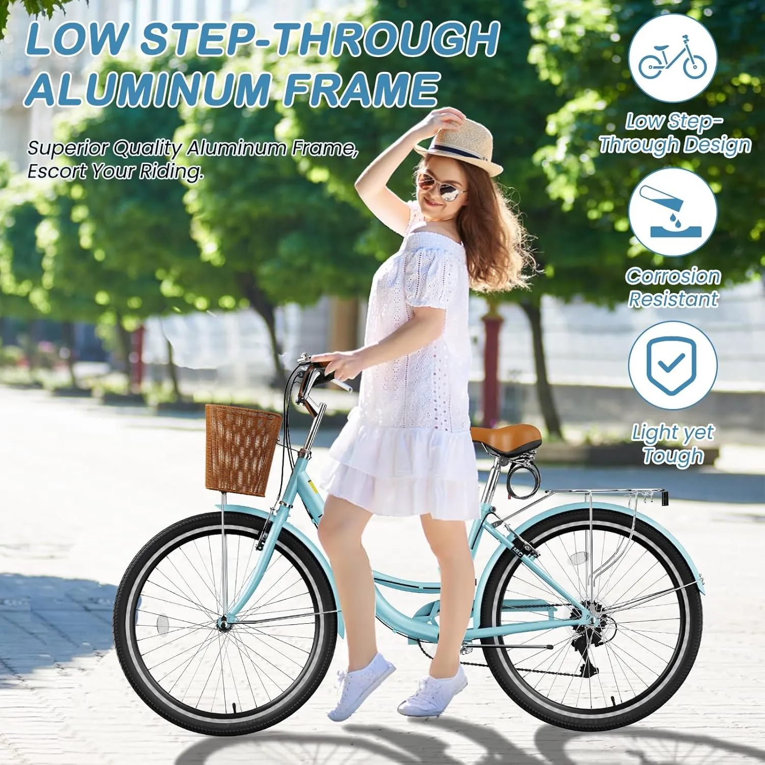 LILYPELLE Womens Bike, 7 Speed Bike for Adults Women with Ratten Basket & Rack, Beach Cruiser Bikes for Women, Womens Bicycle for Commuting, Step Through City Bikes for Women Adults Ladies