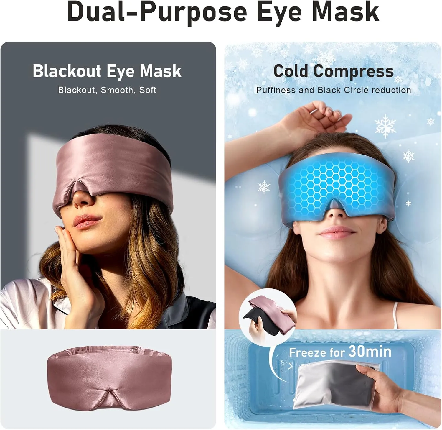 LitBear Silk Sleep Mask, Mulberry Silk Sleeping Mask for Women Men with Reusable Gel Ice Pack, Cold Compress Eye Mask for Dark Circles Puffiness, Light Blocking Eye Mask Sleep with Adjustable Band