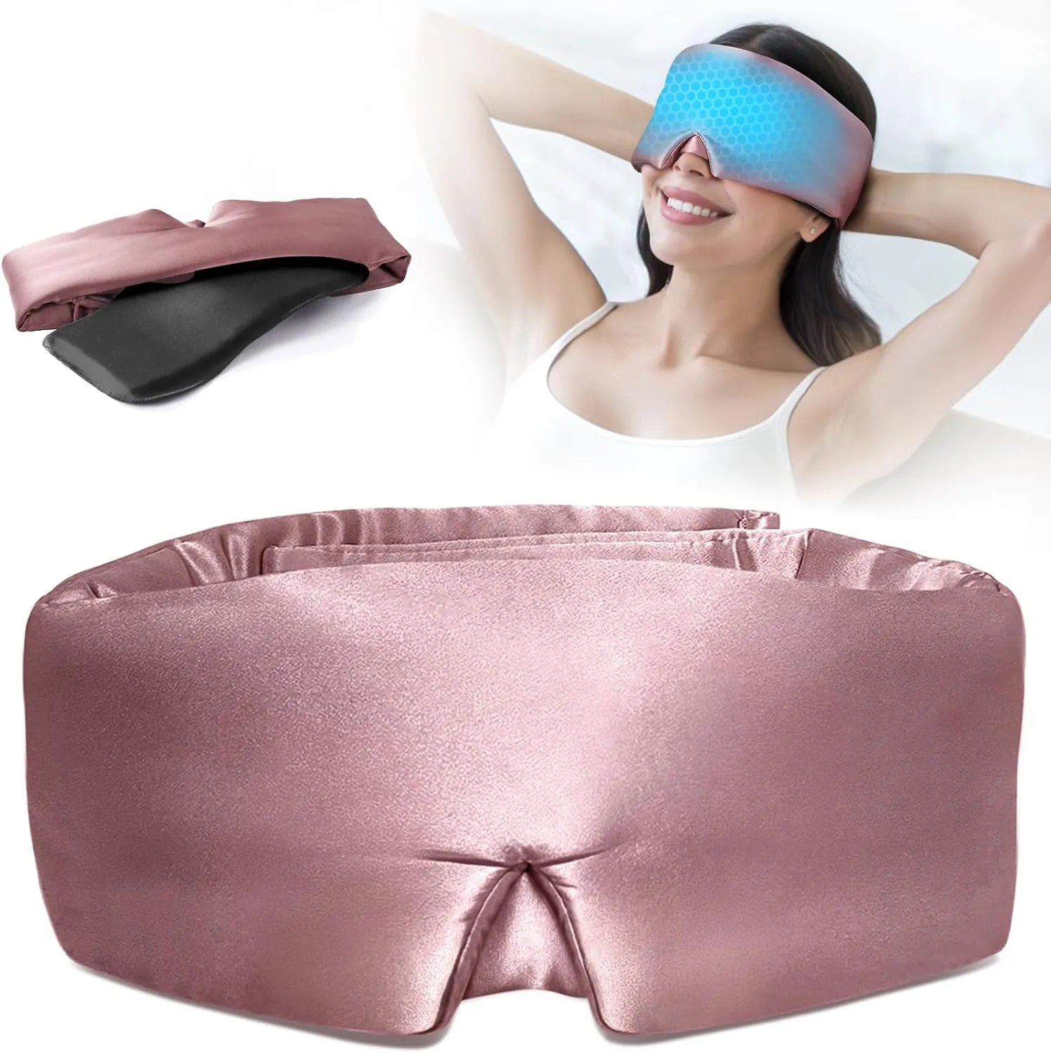 LitBear Silk Sleep Mask, Mulberry Silk Sleeping Mask for Women Men with Reusable Gel Ice Pack, Cold Compress Eye Mask for Dark Circles Puffiness, Light Blocking Eye Mask Sleep with Adjustable Band
